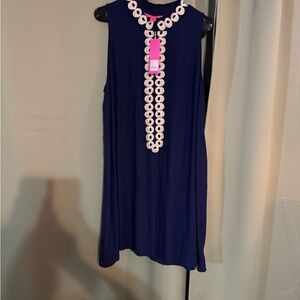 Lilly Pulitzer navy dress with metallic gold scallop trim